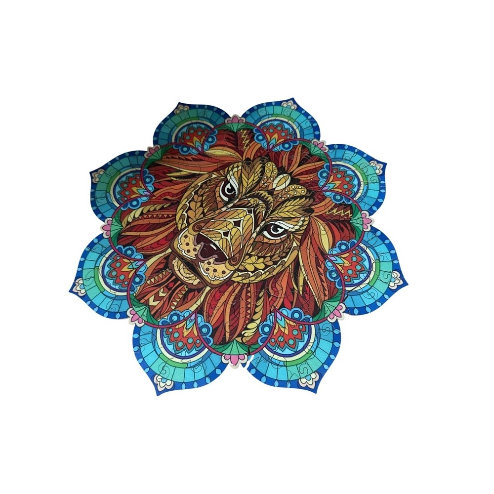 Lion Mandala Wooden Jigsaw Puzzle A3 Size Colorful Design With Storage Box